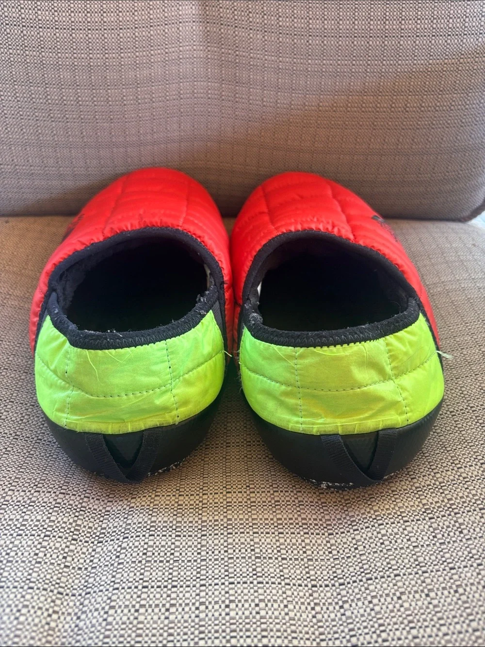 The North Face Men’s Quilted Red Slip-On Slippers with Neon Yellow Heel